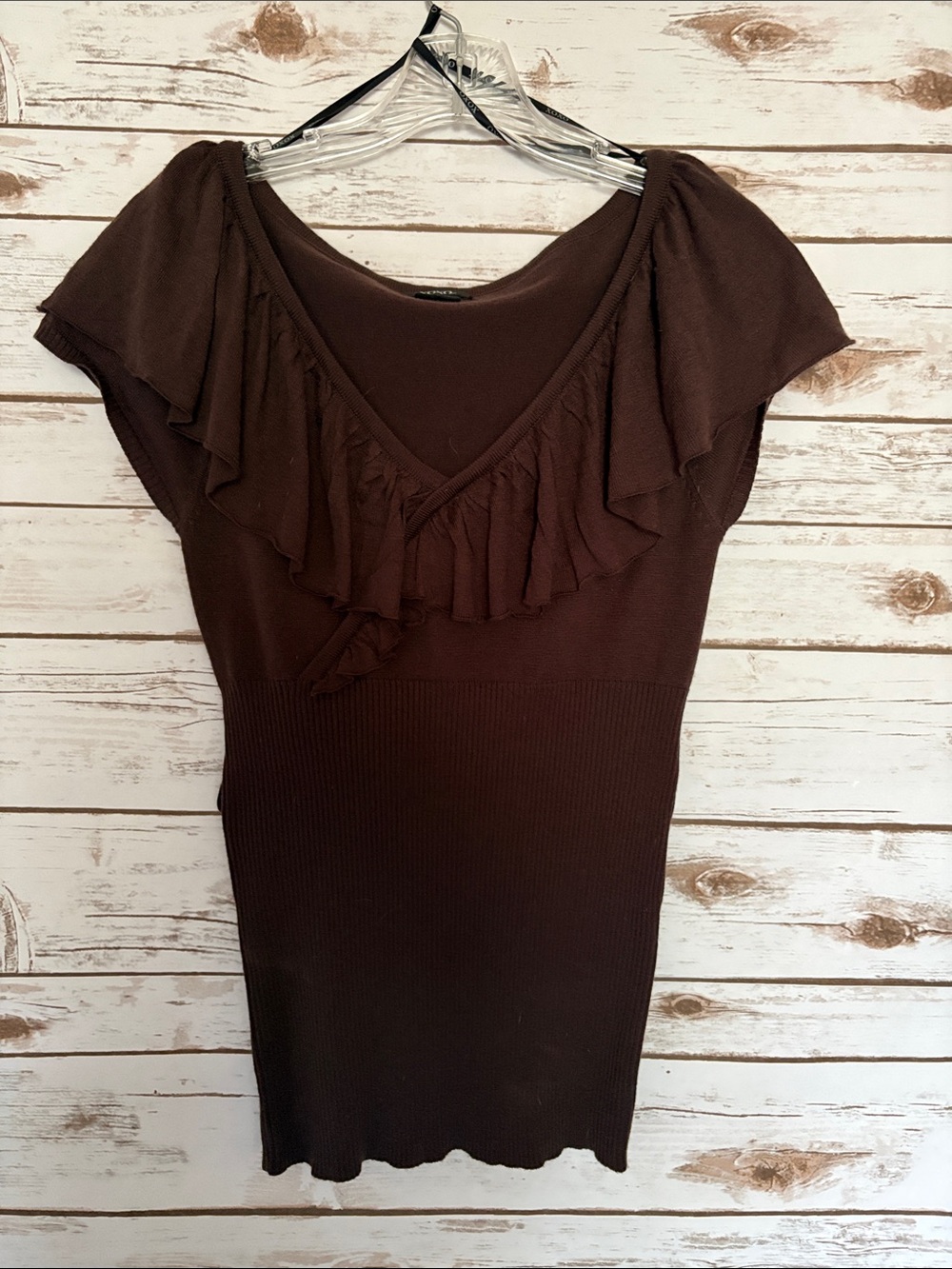 XOXO Brown Ruffle V-Neck Sweater with Self-Tie Waist